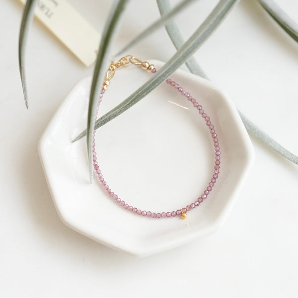 Pink Rhodolite Garnet beaded bracelet with 18k Solid Gold Bead