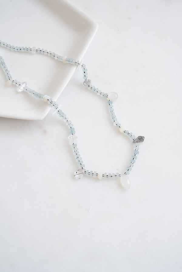 Aquamarine Disc Beads with Multi Gemstones Necklace