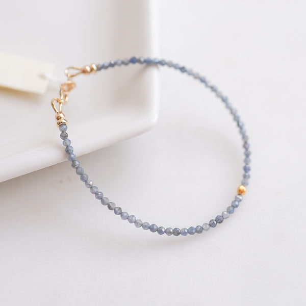 Sri Lankan Blue Sapphire Beaded Bracelet with Solid 18k Gold Center Bead
