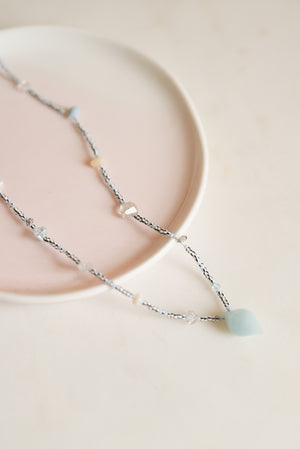 Aquamarine Drop with Black and White Seed Beads Long Necklace