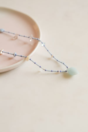 Aquamarine Drop with Black and White Seed Beads Long Necklace