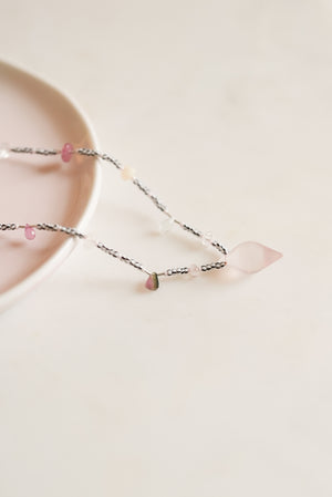 Rose Quartz Black and White Seed Bead Long Necklace