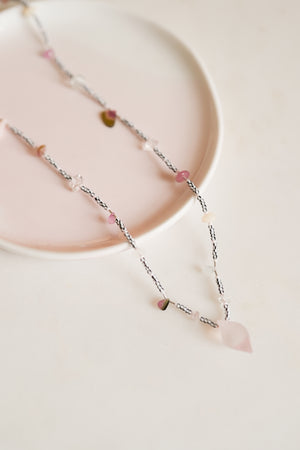 Rose Quartz Black and White Seed Bead Long Necklace
