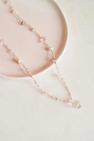 Clear Quartz Drop with Cream Seed Bead Long Necklace