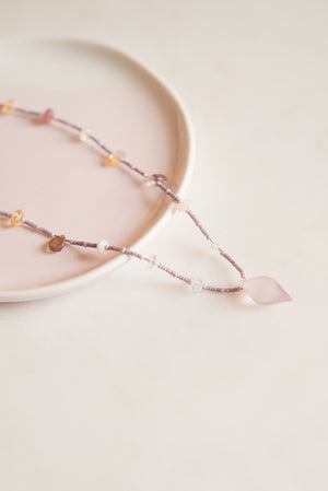 Rose Quartz Drop with Rose Seed Bead Long Necklace