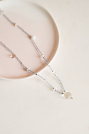 Clear Quartz Drop with Powder Blue Seed Beads Long Necklace